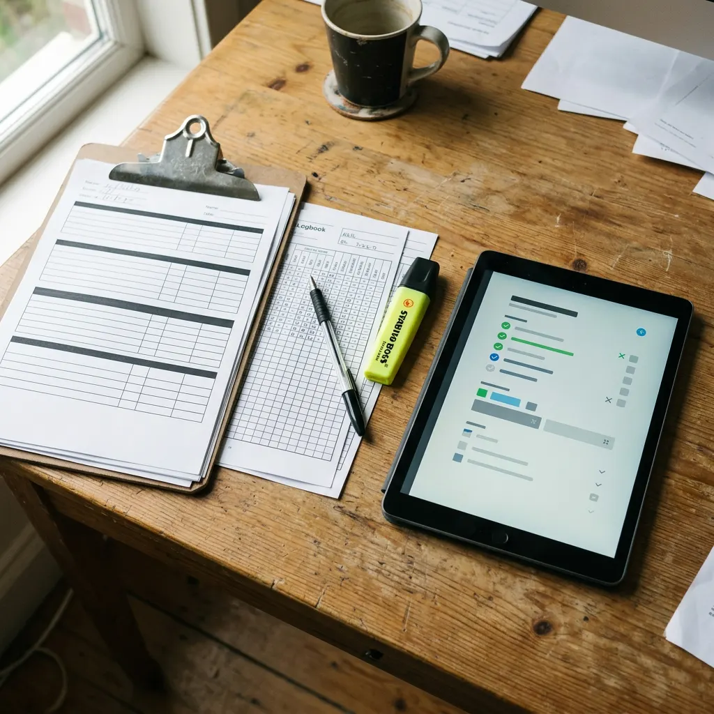 Desk with a tablet checklist, clipboard of blank forms and printed logbook pages ready for evidence sampling