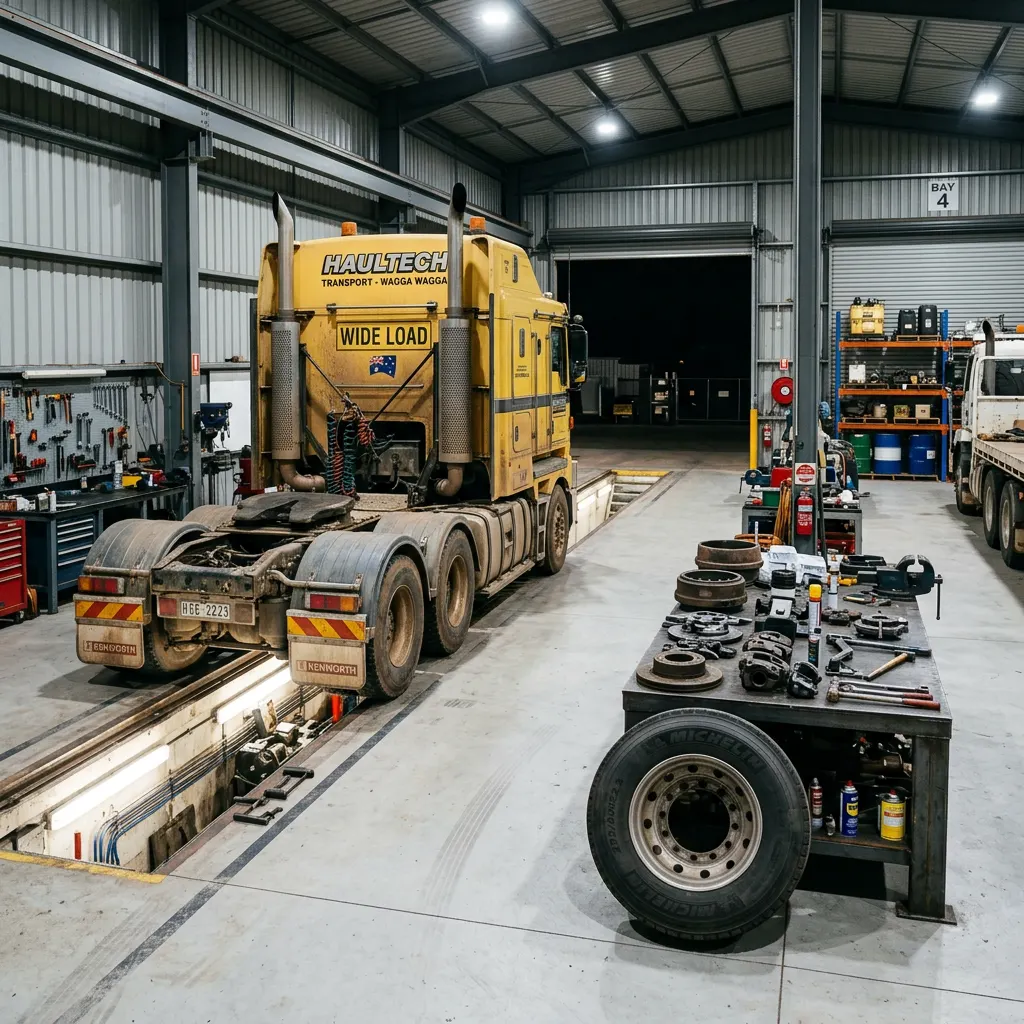 Heavy vehicle workshop with a prime mover over an inspection pit and brake components on a bench