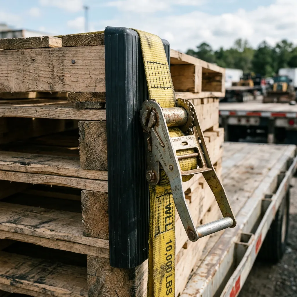 Close-up of yellow ratchet straps and edge protectors securing stacked timber pallets on a flatbed trailer